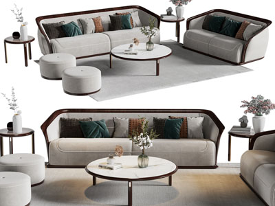 新中式双人沙发 单人沙发和茶几组合