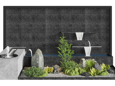 新中式瀑布 石头 花草景观园艺小品