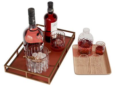 现代托盘洋酒酒瓶酒杯3d模型 现代托盘洋酒酒瓶酒杯