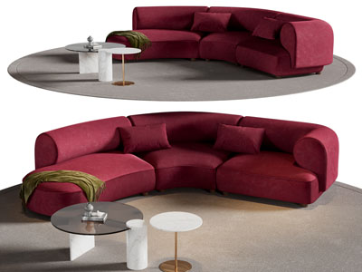 现代红色弧形多人沙发 茶几组合