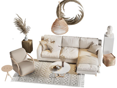 现代奶油风转角多人沙发 茶几组合