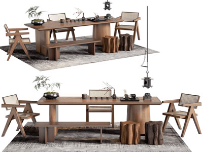 侘寂风实木长方形茶桌椅组合