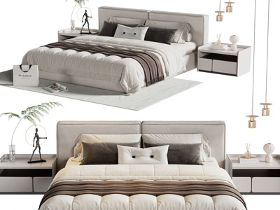 现代布艺双人床 床头柜