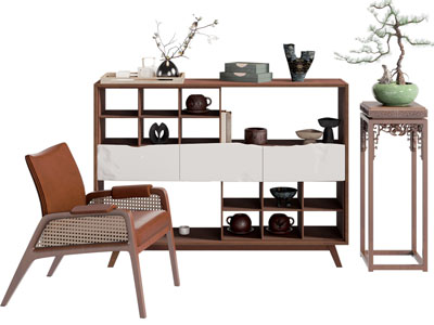新中式休闲椅子 餐边柜 盆景盆栽