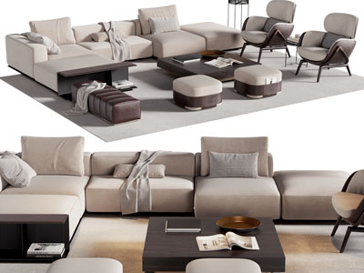 现代多人沙发 沙发凳子和茶几组合
