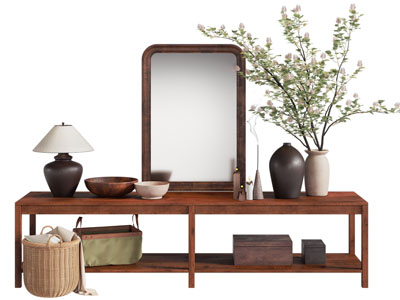 现代实木电视柜 台灯 花瓶花卉摆件组合