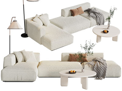现代奶油风转角多人沙发 茶几组合