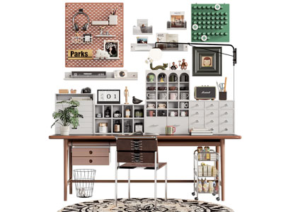 现代带收纳架 杯架的书桌椅组合3d模型 现代带收纳架 杯架的书桌椅组合