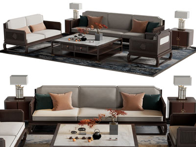 新中式多人 双人 单人沙发和茶几组合