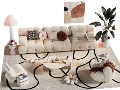 现代奶油风多人沙发 懒人沙发和茶几组合