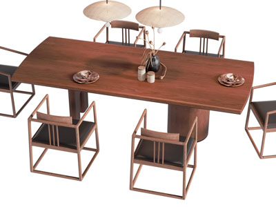 新中式实木长方形餐桌椅组合