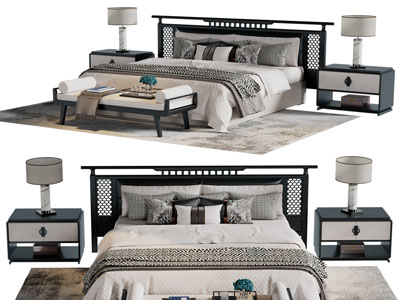 新中式双人床 床头柜