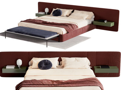 现代加宽床头的双人床 床尾凳