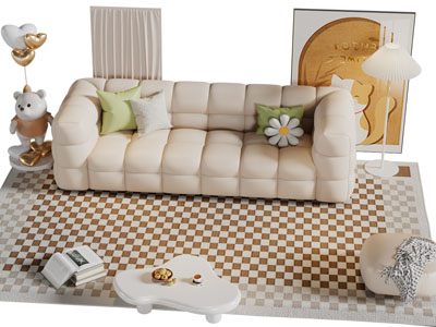 现代奶油风多人沙发 沙发凳和茶几组合