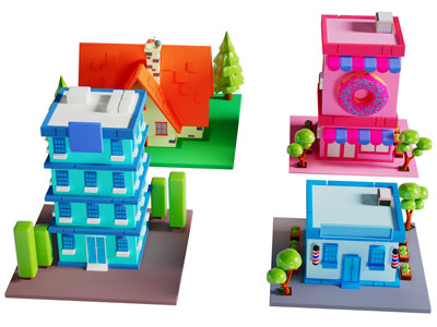 现代卡通理发店 烘焙店 积木房子