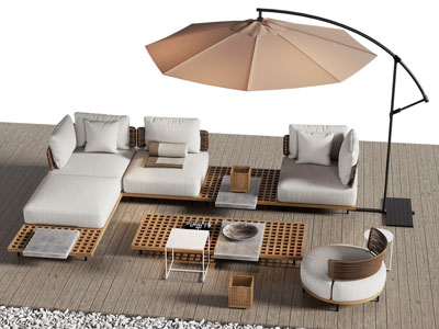 现代庭院遮阳伞 多人沙发和茶几组合