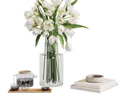 现代花瓶花卉 书本 茶具杯子摆件组合