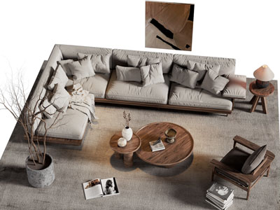 侘寂风转角多人沙发 休闲椅子和茶几组合