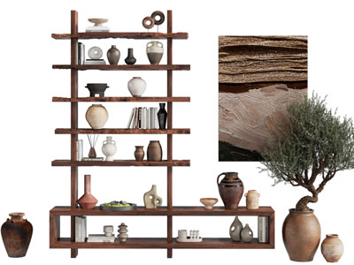 侘寂风实木开放式置物装饰架 陶艺器皿摆件组合