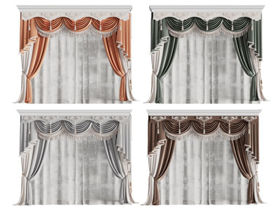 欧式带窗帘盒的窗帘窗纱3d模型 欧式带窗帘盒的窗帘窗纱