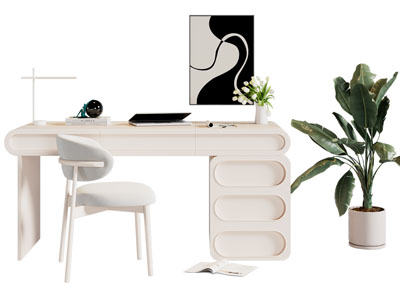 现代奶油风书桌椅组合3d模型 现代奶油风书桌椅组合