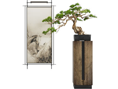 新中式装饰挂画 松树盆景盆栽