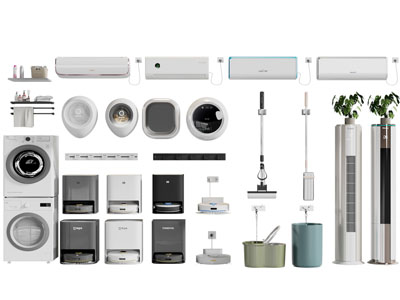 现代洗衣机 扫地机 空调 拖把家用电器3d模型 现代洗衣机 扫地机 空调 拖把家用电器