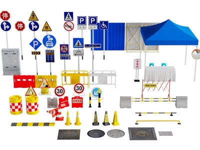 现代路牌 指示牌 交通标识牌 路障 栏杆 帐篷