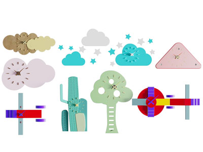 现代儿童云朵 大树 植物造钟表 墙饰