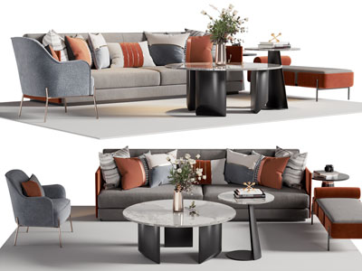 现代双人沙发 单人沙发和茶几组合