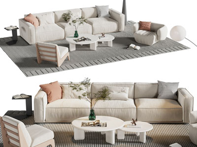 现代奶油风布艺多人沙发 休闲椅子和茶几组合