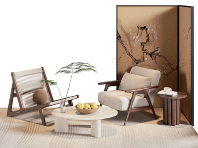 新中式布艺单人沙发 屏风 茶几