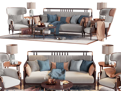 新中式多人沙发 休闲椅子和茶几组合