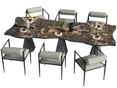 现代不规则长方形餐桌椅组合