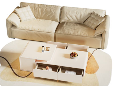 现代奶油风双人沙发 茶几组合