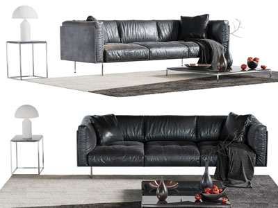 现代皮质多人沙发 边几 茶几组合