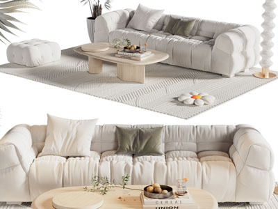 现代奶油风多人沙发 沙发凳和茶几组合
