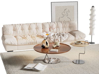 现代奶油风多人沙发 茶几组合