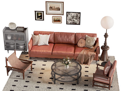 法式中古风多人沙发 餐边柜 休闲椅子和茶几组合