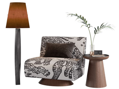 现代中古风单人沙发 边几 落地灯