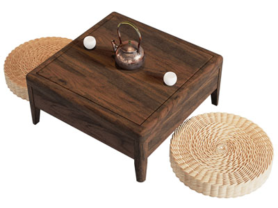 新中式方形茶桌 蒲团