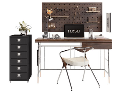 现代中古风书桌椅组合3d模型 现代中古风书桌椅组合