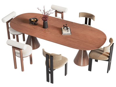 现代中古风椭圆形实木餐桌椅组合