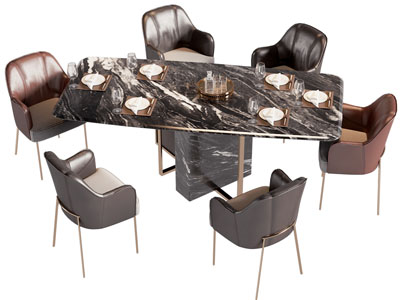 现代长方形大理石餐桌椅组合