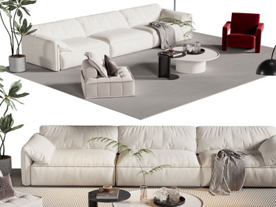 现代奶油风多人沙发 休闲椅子和茶几组合