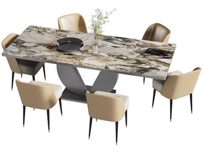 现代长方形大理石餐桌椅组合