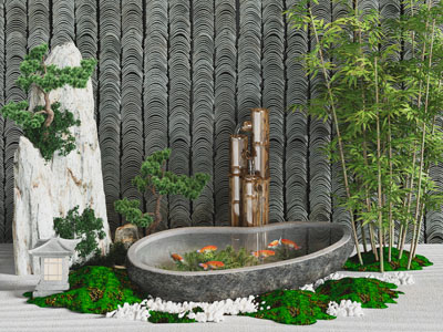 新中式庭院景观墙 水池 鱼群景观园艺小品
