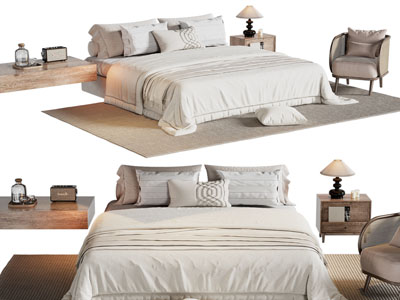 现代中古风双人床 床头柜