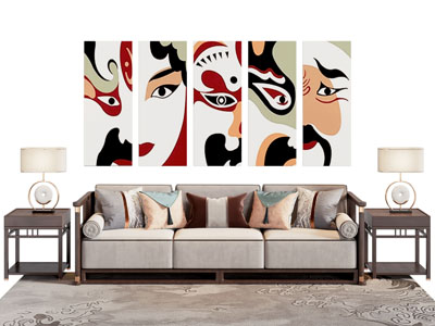 新中式多人沙发 边几 装饰挂画