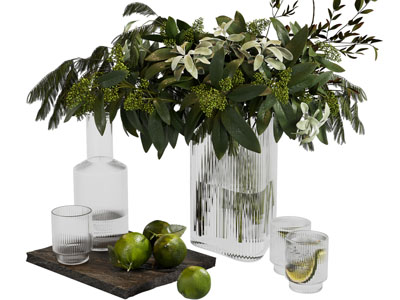 现代玻璃花瓶花卉 茶具杯子 柠檬水 摆件组合